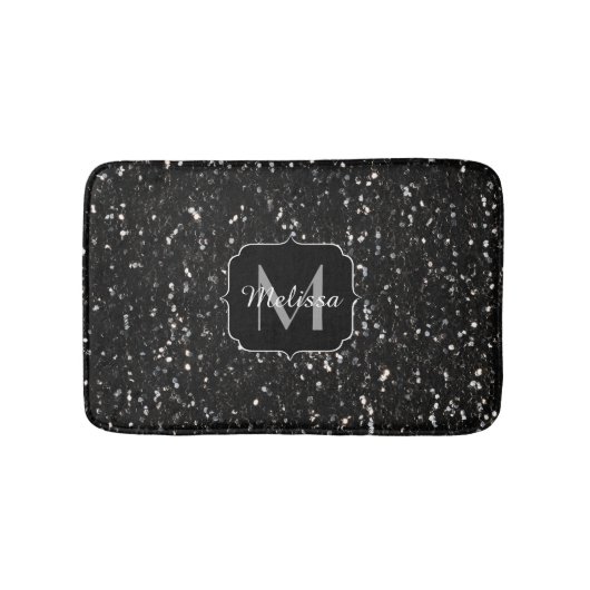 Schwarzweiß glänzende Glitzer Glitzern Monogram Badematte (Vorderseite)
