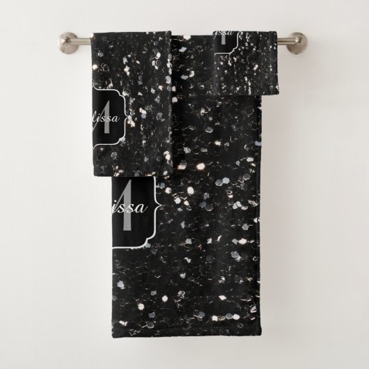 Schwarzweiß glänzende Glitzer Glitzern Monogram Badhandtuch Set (Insitu)