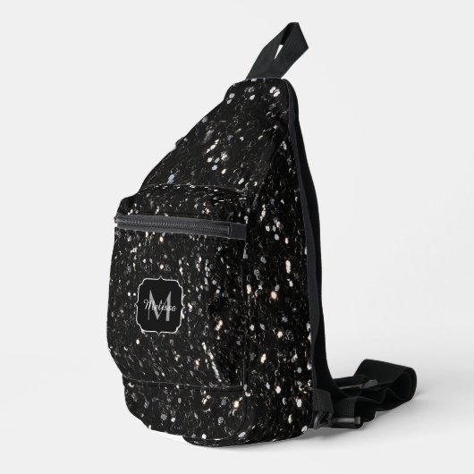 Schwarzweiß glänzende Glitzer Glitzern Monogram Crossbody Bag (Rechte Ecke)