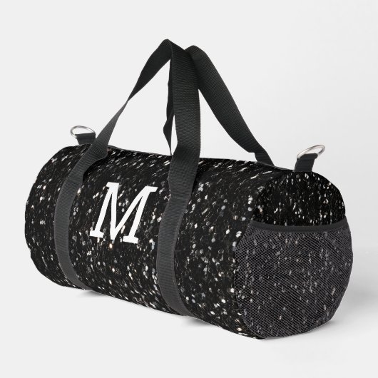 Schwarzweiß glänzende Glitzer Glitzern Monogram Duffle Bag (Rechte Ecke)