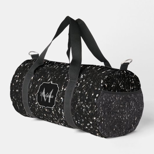 Schwarzweiß glänzende Glitzer Glitzern Monogram Duffle Bag (Rechte Ecke)