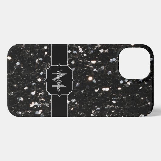 Schwarzweiß glänzende Glitzer Glitzern Monogram iPhone Hülle (Rückseite (Horizontal))