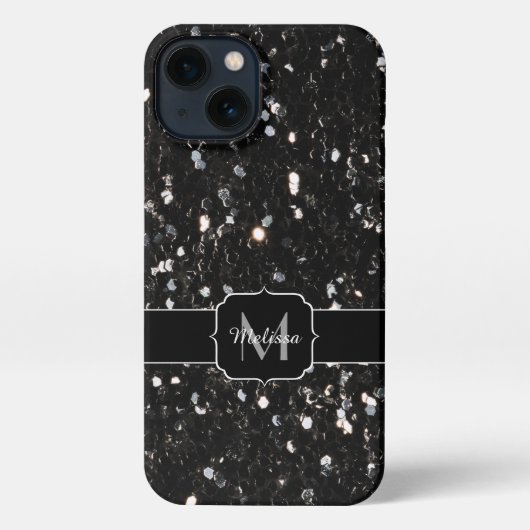 Schwarzweiß glänzende Glitzer Glitzern Monogram iPhone Hülle (Rückseite)