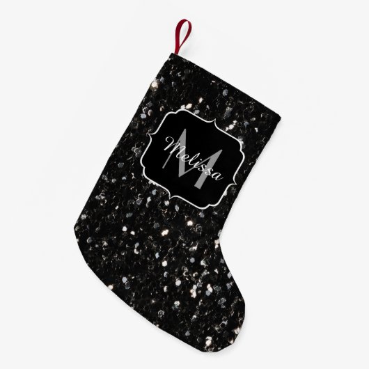 Schwarzweiß glänzende Glitzer Glitzern Monogram Kleiner Weihnachtsstrumpf (Vorderansicht (hängend))