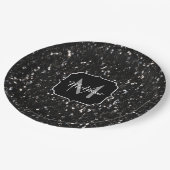 Schwarzweiß glänzende Glitzer Glitzern Monogram Pappteller (Schrägansicht)