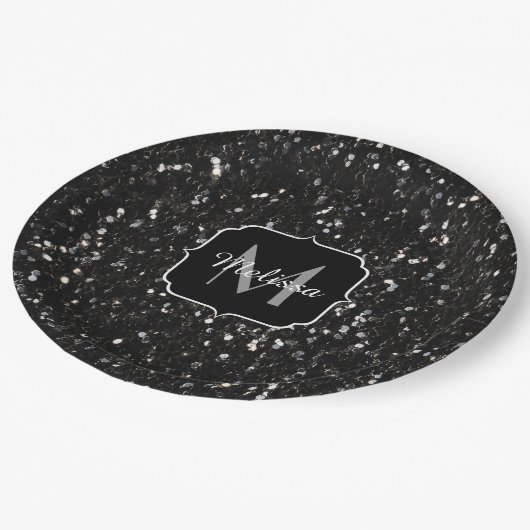 Schwarzweiß glänzende Glitzer Glitzern Monogram Pappteller (Schrägansicht)