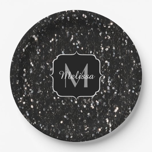 Schwarzweiß glänzende Glitzer Glitzern Monogram Pappteller (Vorderseite)