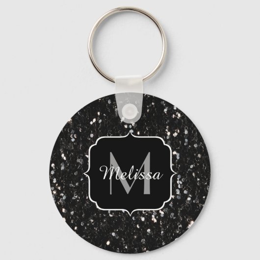 Schwarzweiß glänzende Glitzer Glitzern Monogram Schlüsselanhänger (Vorderseite)