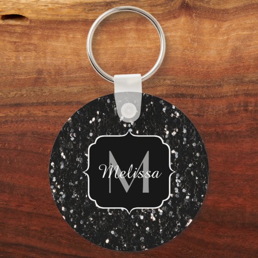 Schwarzweiß glänzende Glitzer Glitzern Monogram Schlüsselanhänger (Rückseite)