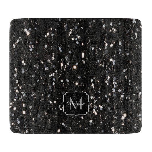 Schwarzweiß glänzende Glitzer Glitzern Monogram Schneidebrett (Vorderseite)