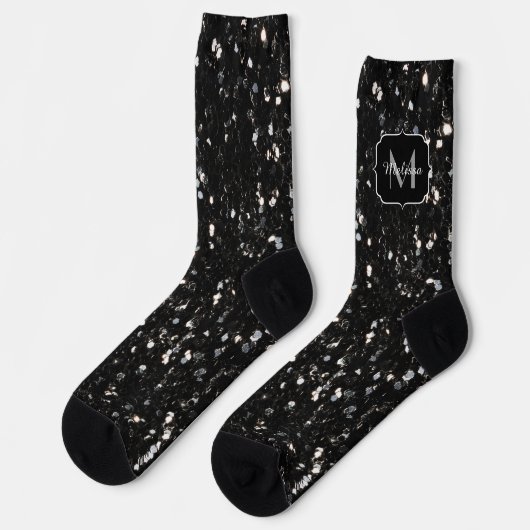 Schwarzweiß glänzende Glitzer Glitzern Monogram Socken (Linkes Detail)