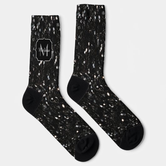 Schwarzweiß glänzende Glitzer Glitzern Monogram Socken (Rechts)