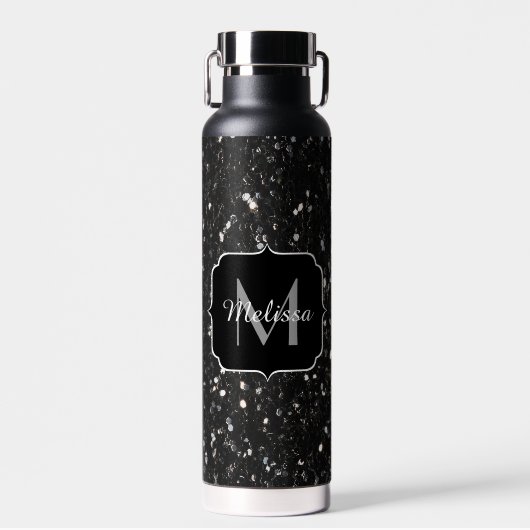 Schwarzweiß glänzende Glitzer Glitzern Monogram Trinkflasche (Vorne)