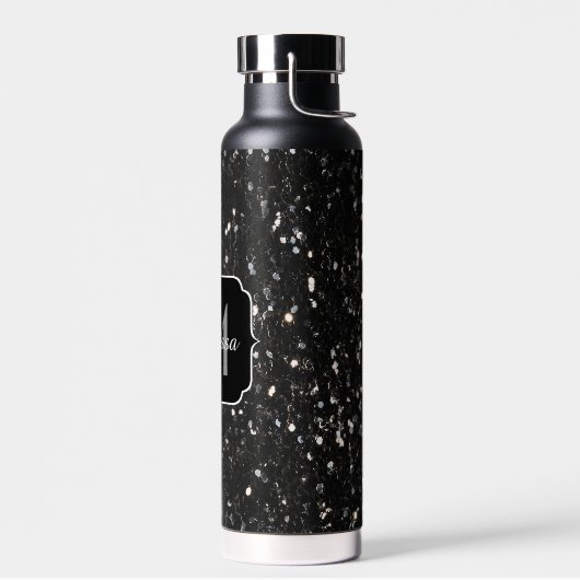 Schwarzweiß glänzende Glitzer Glitzern Monogram Trinkflasche (Links)