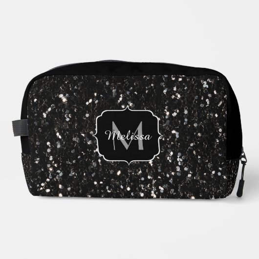 Schwarzweiß glänzende Glitzer Glitzern Monogram Waschbeutel (Vorderseite)
