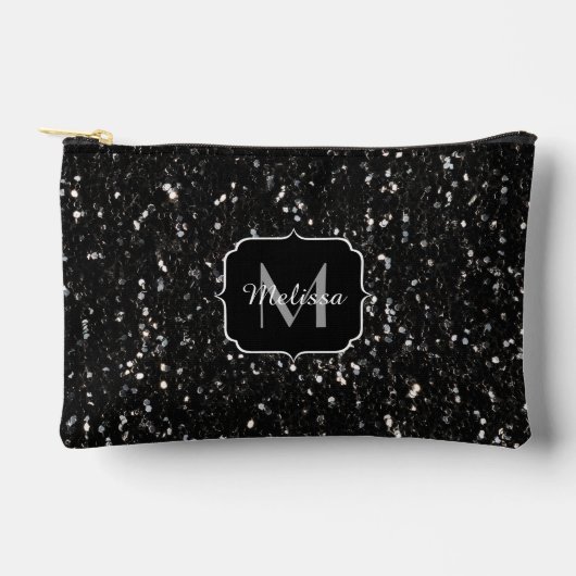 Schwarzweiß glänzende Glitzer Glitzern Monogram Zubehörtasche (Vorderseite)