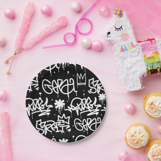 Schwarzweiss-Graffitimuster Pappteller (Party)