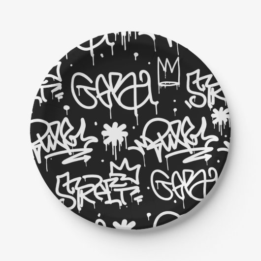Schwarzweiss-Graffitimuster Pappteller (Vorderseite)
