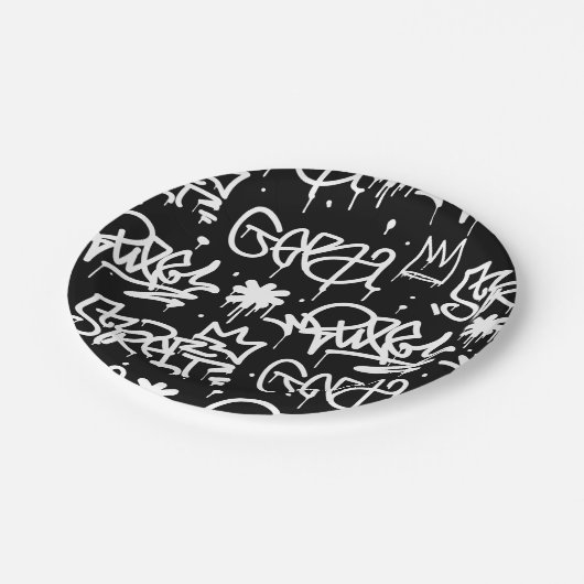 Schwarzweiss-Graffitimuster Pappteller (Schrägansicht)