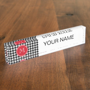Schwarzweiss-Hahnentrittmuster-Rot-Monogramm Namensplakette