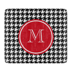 Schwarzweiss-Hahnentrittmuster-Rot-Monogramm Schneidebrett