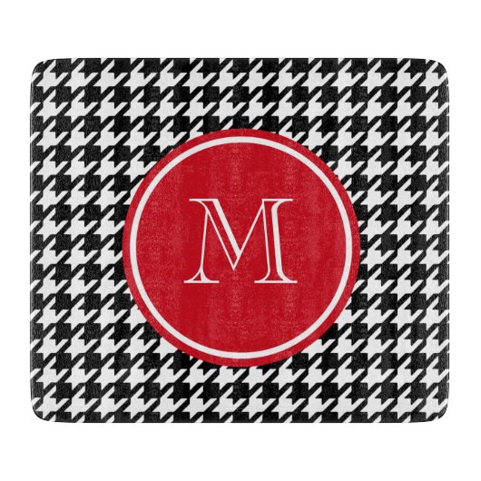 Schwarzweiss-Hahnentrittmuster-Rot-Monogramm Schneidebrett (Vorderseite)