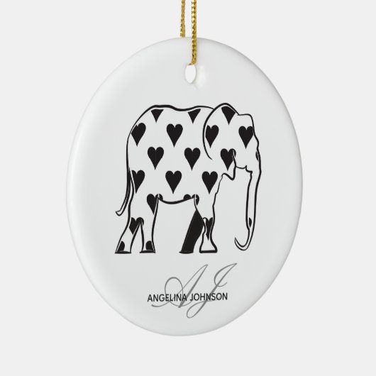 Schwarzweiss-Herz-Muster-Elefant mit Monogramm Keramik Ornament (Rechts)
