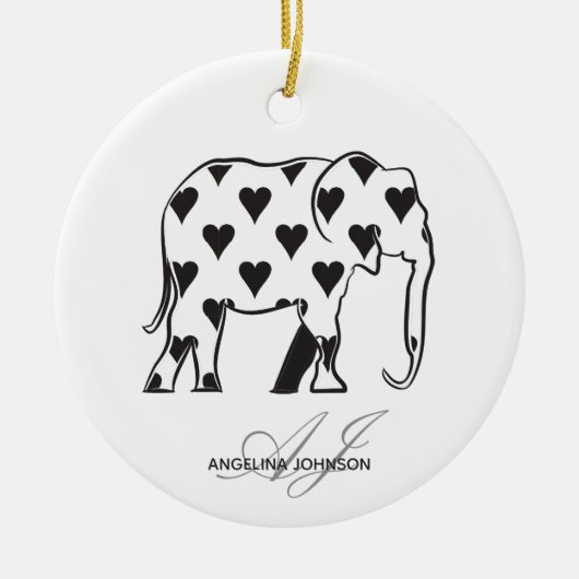 Schwarzweiss-Herz-Muster-Elefant mit Monogramm Keramik Ornament (Vorne)