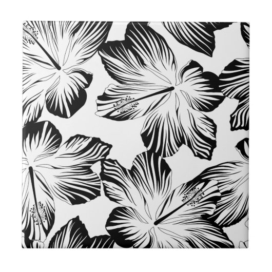 Schwarzweiß-Hibiskus Fliese (Vorderseite)