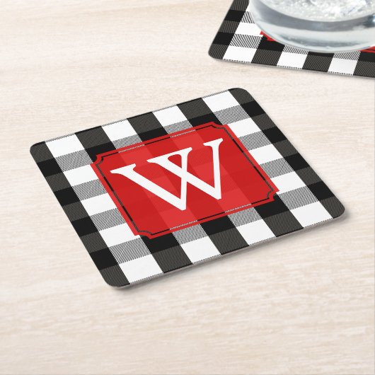 Schwarzweiss-Holzfäller-kariertes Monogramm Rechteckiger Pappuntersetzer (angewinkelt)
