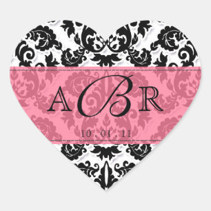 Schwarzweiß in Hot Pink Fleur de Lis Damask Aufkle Herz-Aufkleber