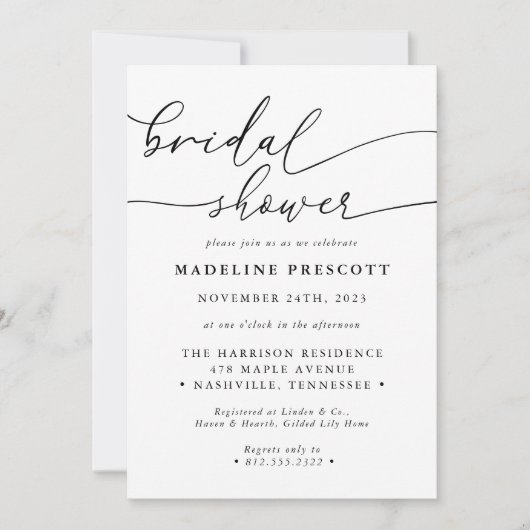 Schwarzweiß-Kalligrafie-Script-Brautparty Einladung (Vorderseite)