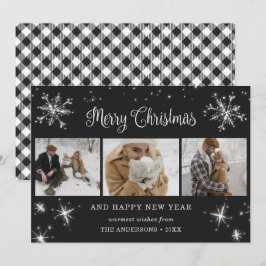 Schwarzweiß-Karierte Schneeflocke 3 FotoCollage Feiertagskarte