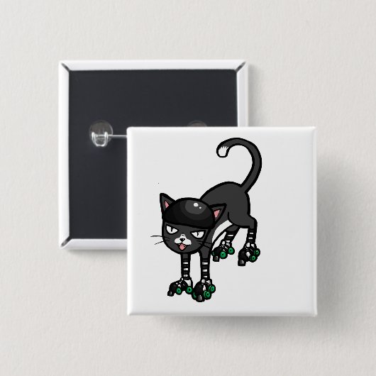 Schwarzweiss-Katze auf Rollerskates Button (Vorne & Hinten)