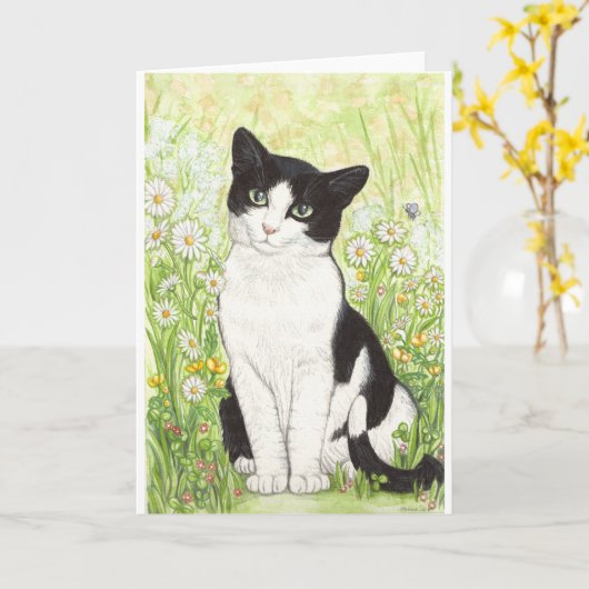 Schwarzweiss-Katze mit Gänseblümchen Karte (Gelbe Blume)
