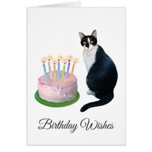 Schwarzweiss-Katze mit Kuchen-Geburtstags-Karte