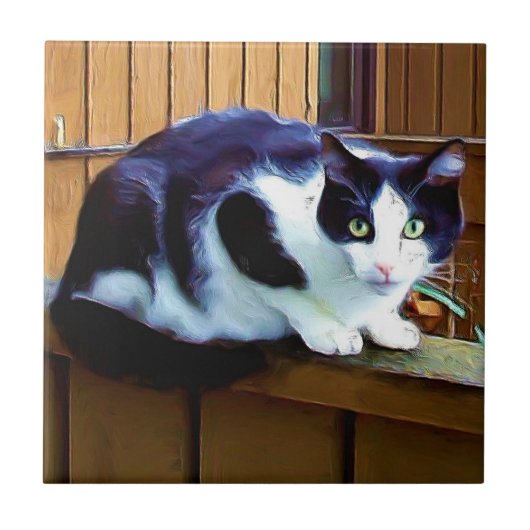 Schwarzweiss-Katzen-Keramikfliese Fliese (Vorderseite)