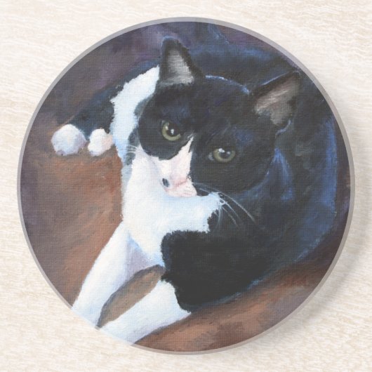 Schwarzweiss-Katzen-Porträt Sandstein Untersetzer (Vorne)