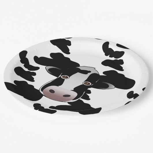 Schwarzweiss-Kuh-Muster Pappteller (Schrägansicht)