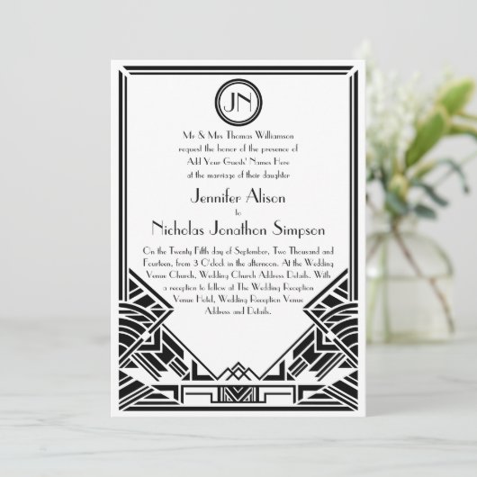 Schwarzweiss-Kunst-Deko Gatsby Hochzeit lädt ein Einladung (Stehend Vorderseite)