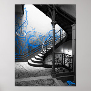 Schwarzweiss-Kunst-DekoStairwell mit Blau Poster