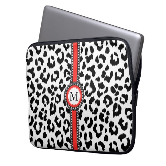 Schwarzweiss-Leoparddruck mit Monogramm Laptopschutzhülle (Vorderseite Links)