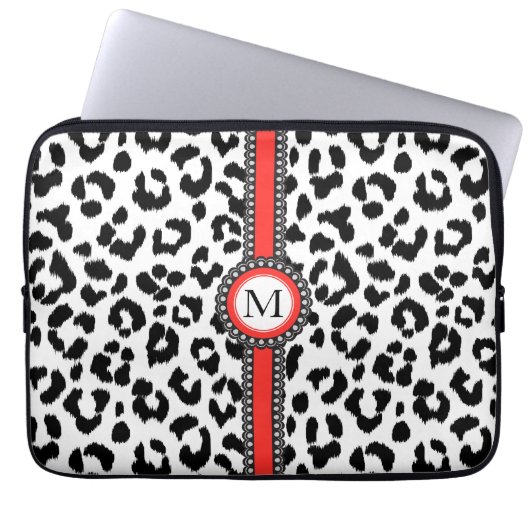 Schwarzweiss-Leoparddruck mit Monogramm Laptopschutzhülle (Vorderseite)