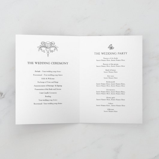 Schwarzweiß-Lilie-Monogramm-Hochzeit Programm (Innenseite)