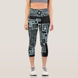 Schwarzweiß-Liniendesign Capri Leggings