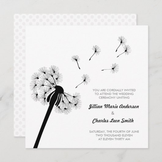 Schwarzweiss-Löwenzahn-Hochzeits-Einladung Einladung (Vorne/Hinten)