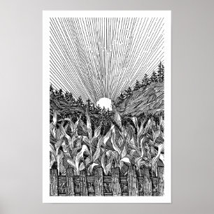 Schwarzweiß-Maisfeld-Sonnenaufgang Fine Line Art D Poster