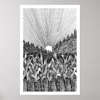 Schwarzweiß-Maisfeld-Sonnenaufgang Fine Line Art D Poster