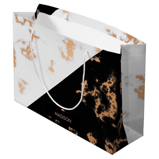 Schwarzweiss-Marmor Große Geschenktüte (Rückseite Schrägansicht)