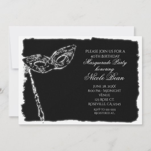 Schwarzweiß-Masquerade Elegante Party Einladung (Vorderseite)